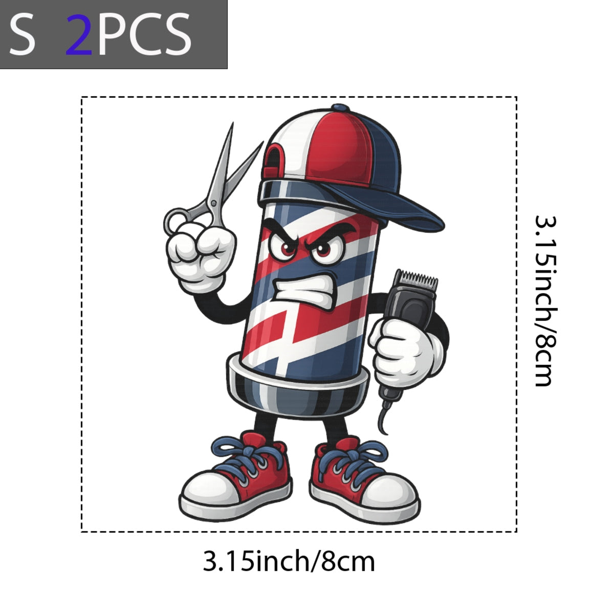 DTF Heat Transfer Iron On Sticker, Barber Pole Cartoon Character Graphic, for Barber Shop Apparel and Hairdresser Merch
