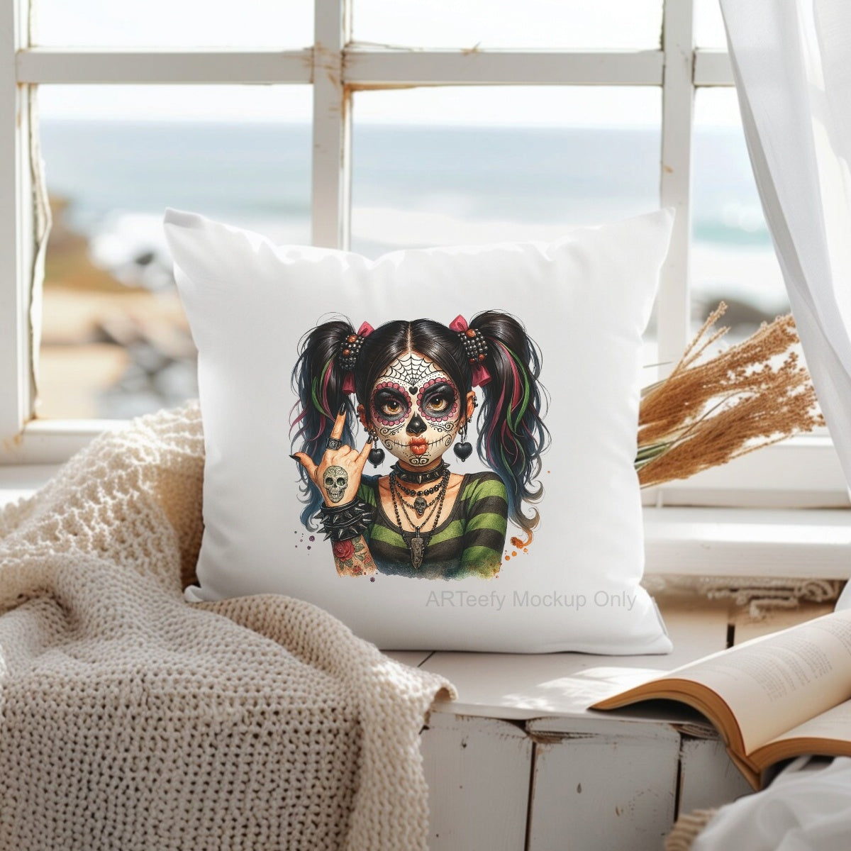 DTF Heat Transfer Iron On Sticker, Halloween Themed Stylish Sugar Skull Girl Elements, For Spooky Season Edgy Apparel and Halloween Party Decor