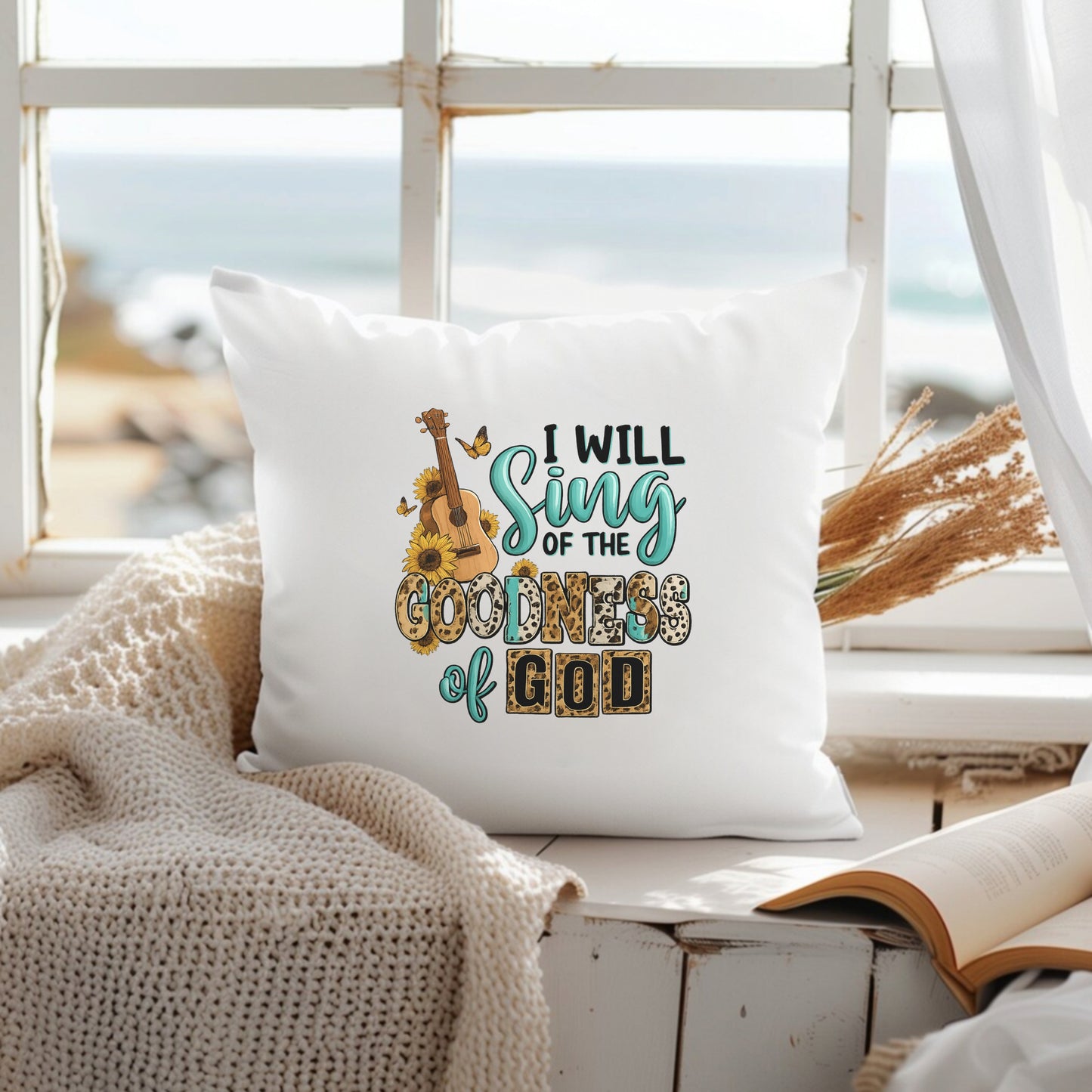DTF Heat Transfer Iron On Sticker, Christian Praise Design with Guitar, Sunflowers & Butterflies, for Faith, Based Apparel & Worship Merch