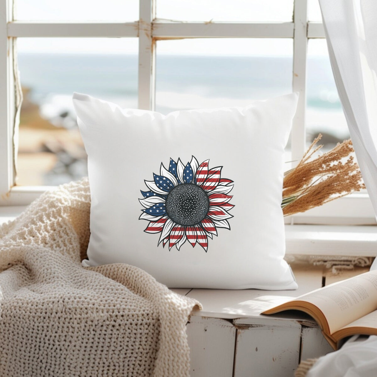 DTF Heat Transfer Iron On Sticker, Patriotic Sunflower with USA Flag Graphic, for American Themed Apparel and Festive Decor