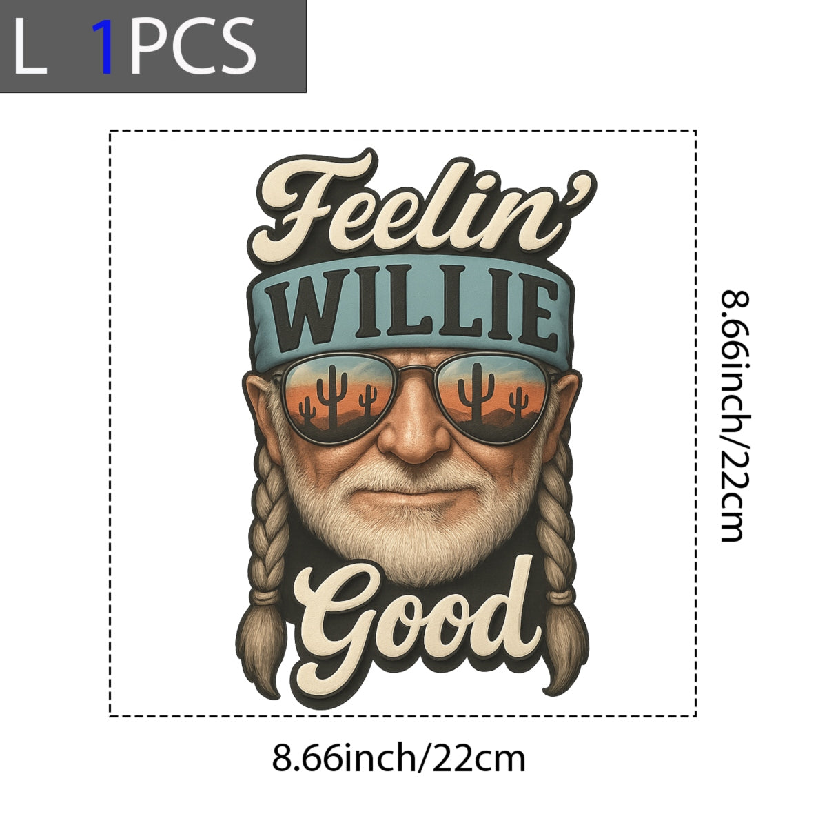 DTF Heat Transfer Iron On Sticker,Willie Nelson Portrait with Desert Sunset Cactus Reflection & "Feelin' Good" Country Lyrics,Vintage Western Music Merch for T-Shirts, Hoodies, Tote Bags