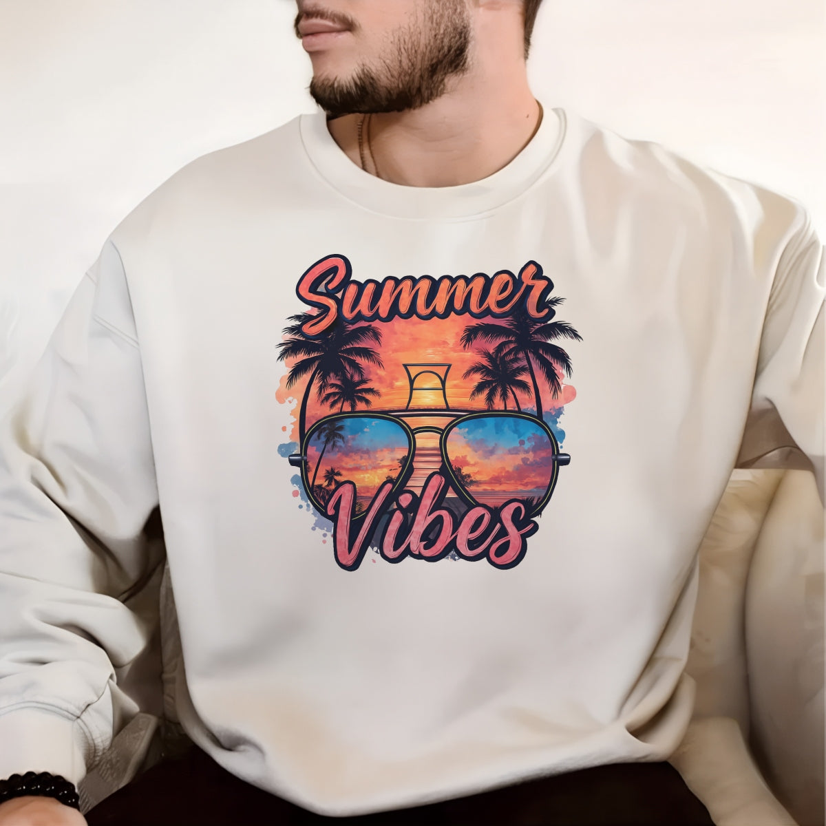 Summer Vibes DTF Transfer for T-Shirts,Trendy Heat Press Iron-On Patch,Retro Beach Sunglasses Palm Tree Sunset Design,DIY Summer Shirt Decoration for Sublimation, Apparel & Crafts