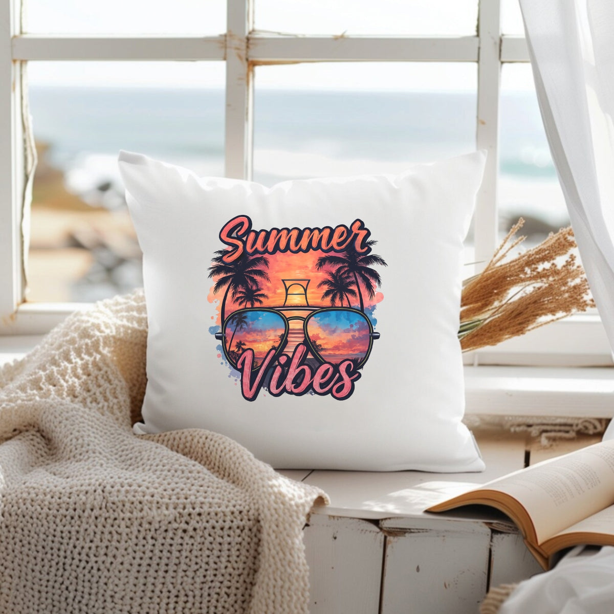 Summer Vibes DTF Transfer for T-Shirts,Trendy Heat Press Iron-On Patch,Retro Beach Sunglasses Palm Tree Sunset Design,DIY Summer Shirt Decoration for Sublimation, Apparel & Crafts