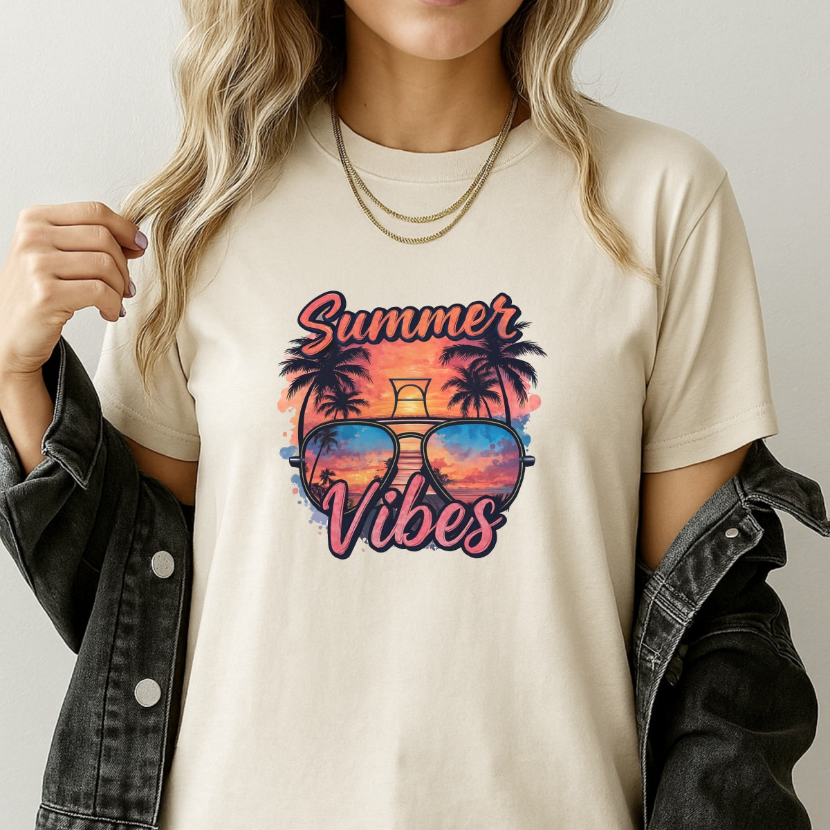 Summer Vibes DTF Transfer for T-Shirts,Trendy Heat Press Iron-On Patch,Retro Beach Sunglasses Palm Tree Sunset Design,DIY Summer Shirt Decoration for Sublimation, Apparel & Crafts