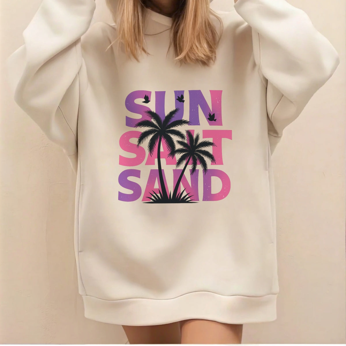 Sun Salt Sand DTF Transfer , Summer Beach Vibes Heat Press Decal, Palm Tree Retro Graphic Iron On Patch for T-Shirts, Hoodies, Bags ,  DIY Sublimation Ready,  Vibrant Tropical Sunset Design