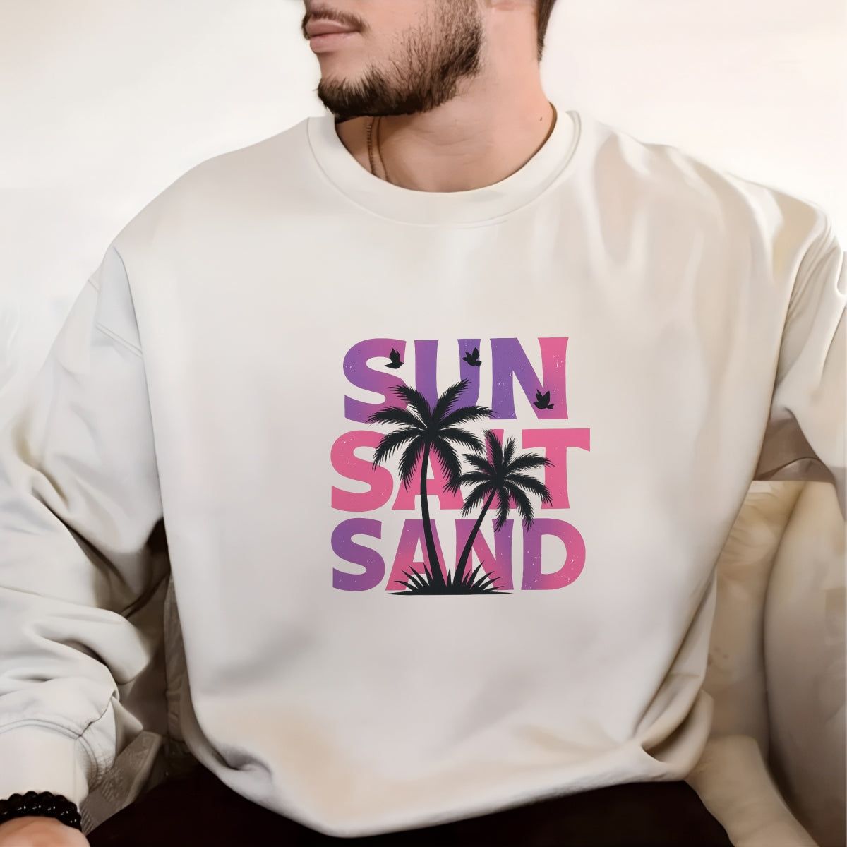 Sun Salt Sand DTF Transfer , Summer Beach Vibes Heat Press Decal, Palm Tree Retro Graphic Iron On Patch for T-Shirts, Hoodies, Bags ,  DIY Sublimation Ready,  Vibrant Tropical Sunset Design