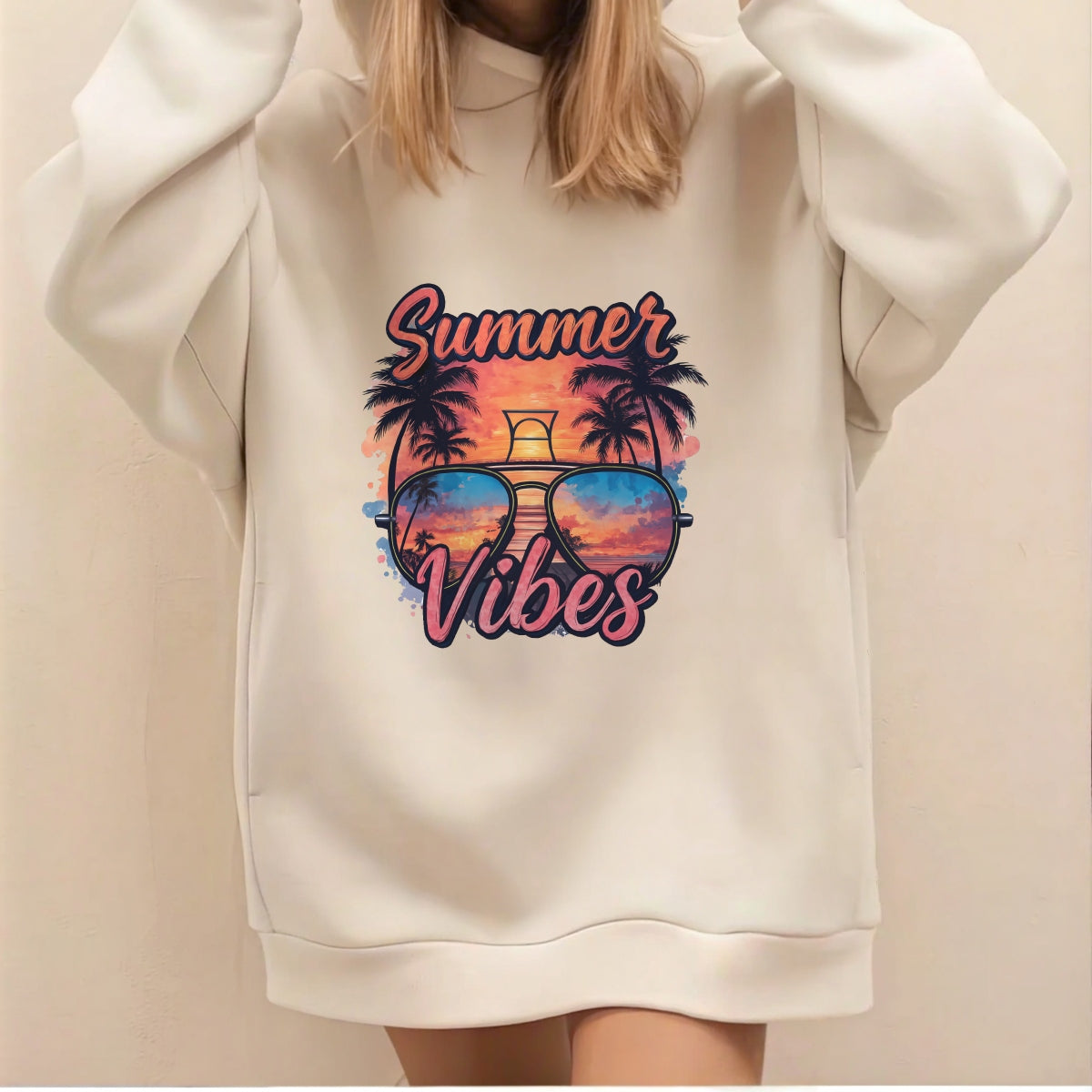 Summer Vibes DTF Transfer for T-Shirts,Trendy Heat Press Iron-On Patch,Retro Beach Sunglasses Palm Tree Sunset Design,DIY Summer Shirt Decoration for Sublimation, Apparel & Crafts