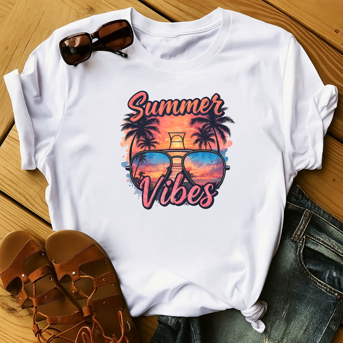 Summer Vibes DTF Transfer for T-Shirts,Trendy Heat Press Iron-On Patch,Retro Beach Sunglasses Palm Tree Sunset Design,DIY Summer Shirt Decoration for Sublimation, Apparel & Crafts
