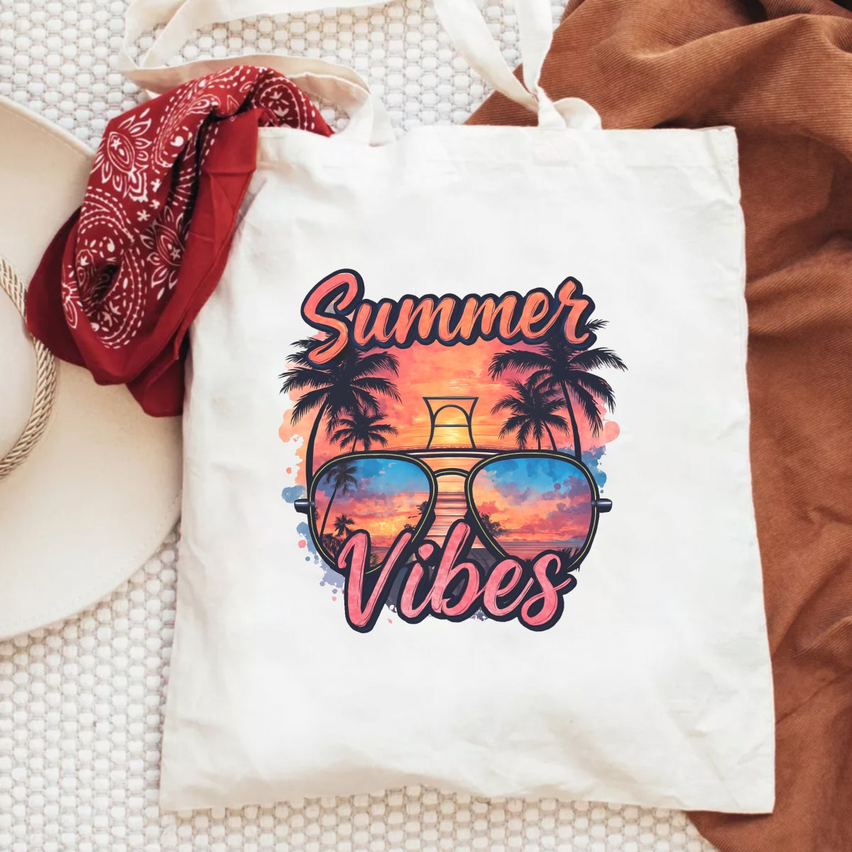 Summer Vibes DTF Transfer for T-Shirts,Trendy Heat Press Iron-On Patch,Retro Beach Sunglasses Palm Tree Sunset Design,DIY Summer Shirt Decoration for Sublimation, Apparel & Crafts