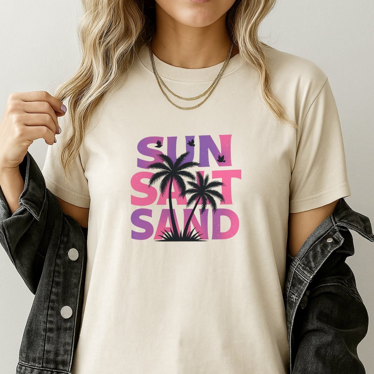 Sun Salt Sand DTF Transfer , Summer Beach Vibes Heat Press Decal, Palm Tree Retro Graphic Iron On Patch for T-Shirts, Hoodies, Bags ,  DIY Sublimation Ready,  Vibrant Tropical Sunset Design