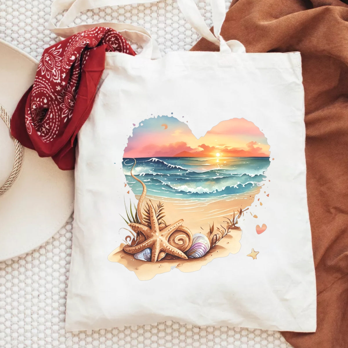 Sunset Beach Heart DTF Transfer,Cute Ocean Summer Iron On Patch for T-Shirts, Tote Bags, DIY Heat Press Decals, Aesthetic Watercolor Surf Art, Pastel Coastal Vinyl Design