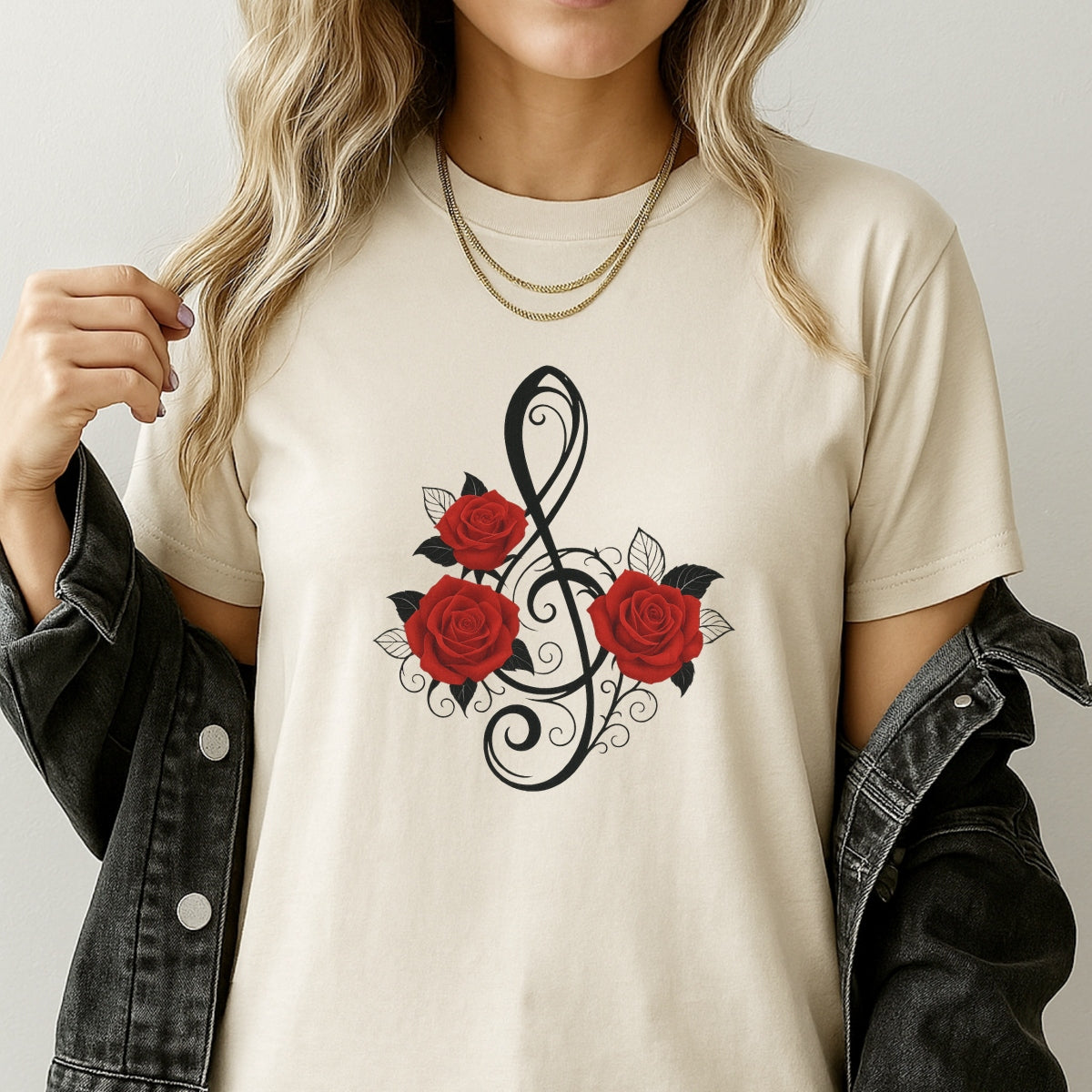Music Note Rose Iron On Transfer for T-Shirts , DTF Heat Transfer Patch , Red Rose Floral Treble Clef Decal for DIY Clothing, Bags