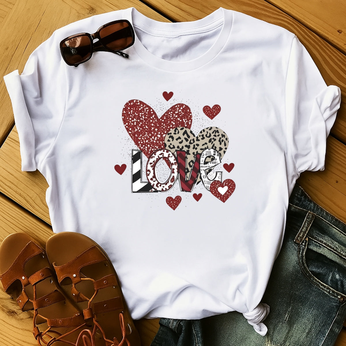DTF Heat Transfer Iron On Sticker, Valentine's Day Heart Design with Glitter, Leopard Print, LOVE Letters for DIY T-Shirt