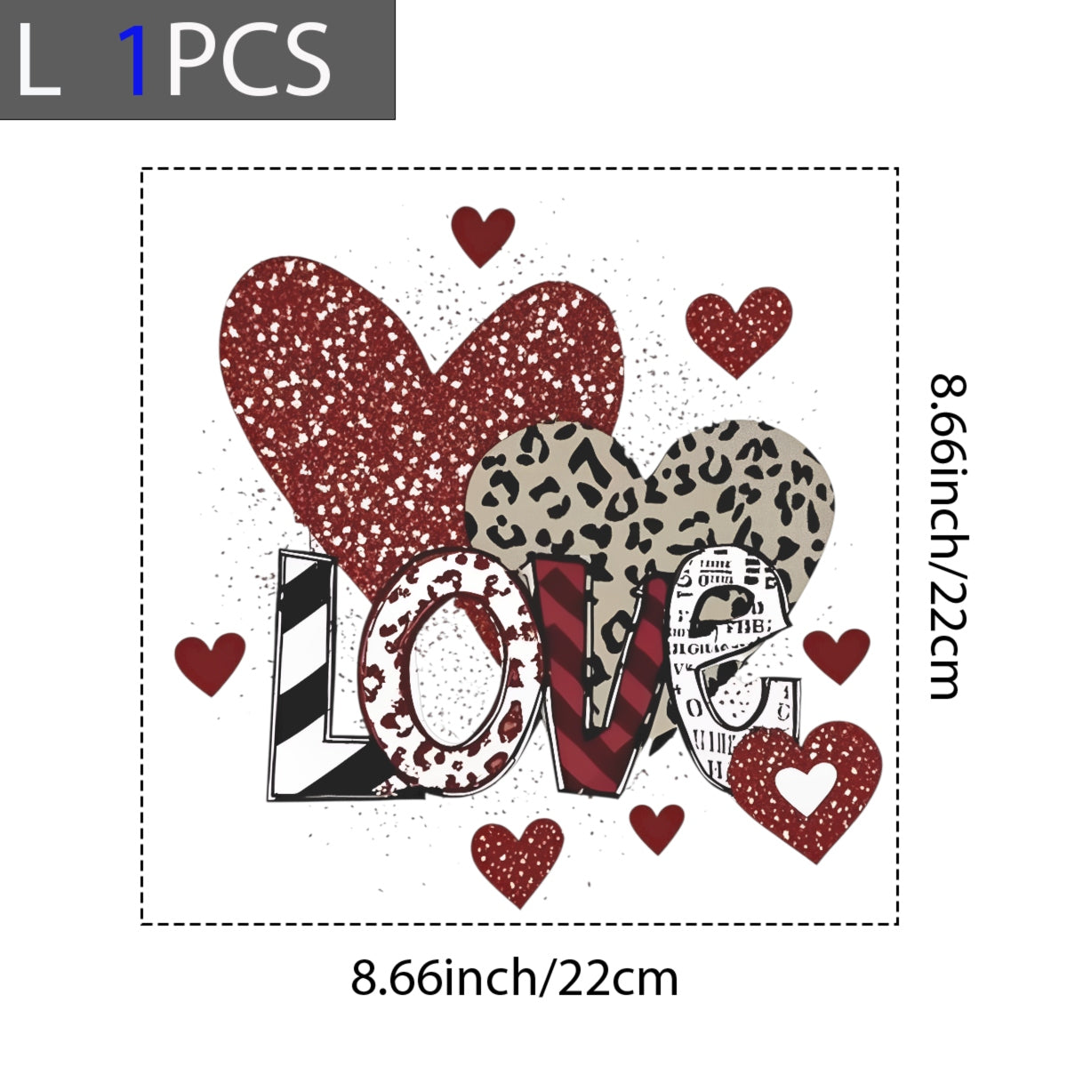 DTF Heat Transfer Iron On Sticker, Valentine's Day Heart Design with Glitter, Leopard Print, LOVE Letters for DIY T-Shirt