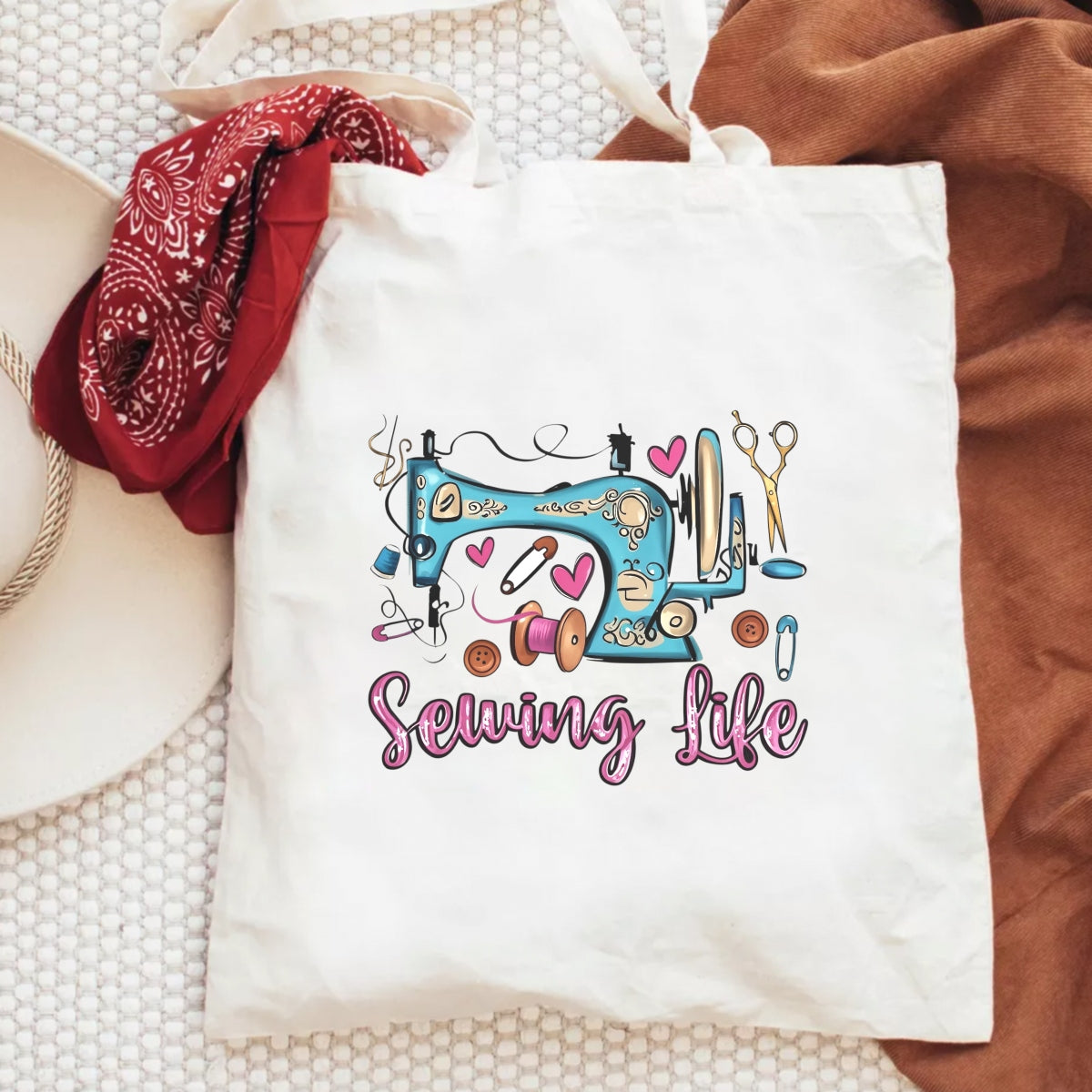 Vintage Sewing Machine DTF Transfer Decal, DIY Craft Embroidery Sticker, Pink Blue Heart Button Design for Apparel, Tote Bags, Wall Art, Easy to Apply Vintage Craft Supplies, Sewing Life Art Sticker