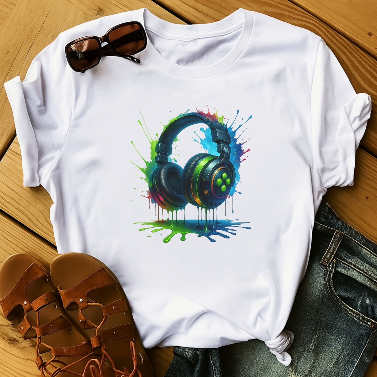 DTF Heat Transfer Iron On Sticker,Colorful Headphone Design,For Music Enthusiasts & Gaming Setups