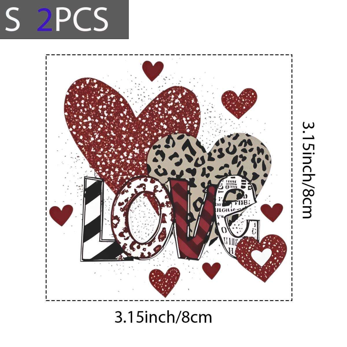 DTF Heat Transfer Iron On Sticker, Valentine's Day Heart Design with Glitter, Leopard Print, LOVE Letters for DIY T-Shirt