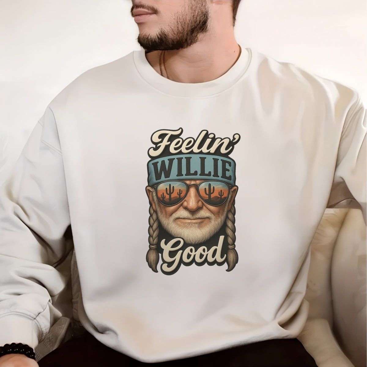 DTF Heat Transfer Iron On Sticker,Willie Nelson Portrait with Desert Sunset Cactus Reflection & "Feelin' Good" Country Lyrics,Vintage Western Music Merch for T-Shirts, Hoodies, Tote Bags