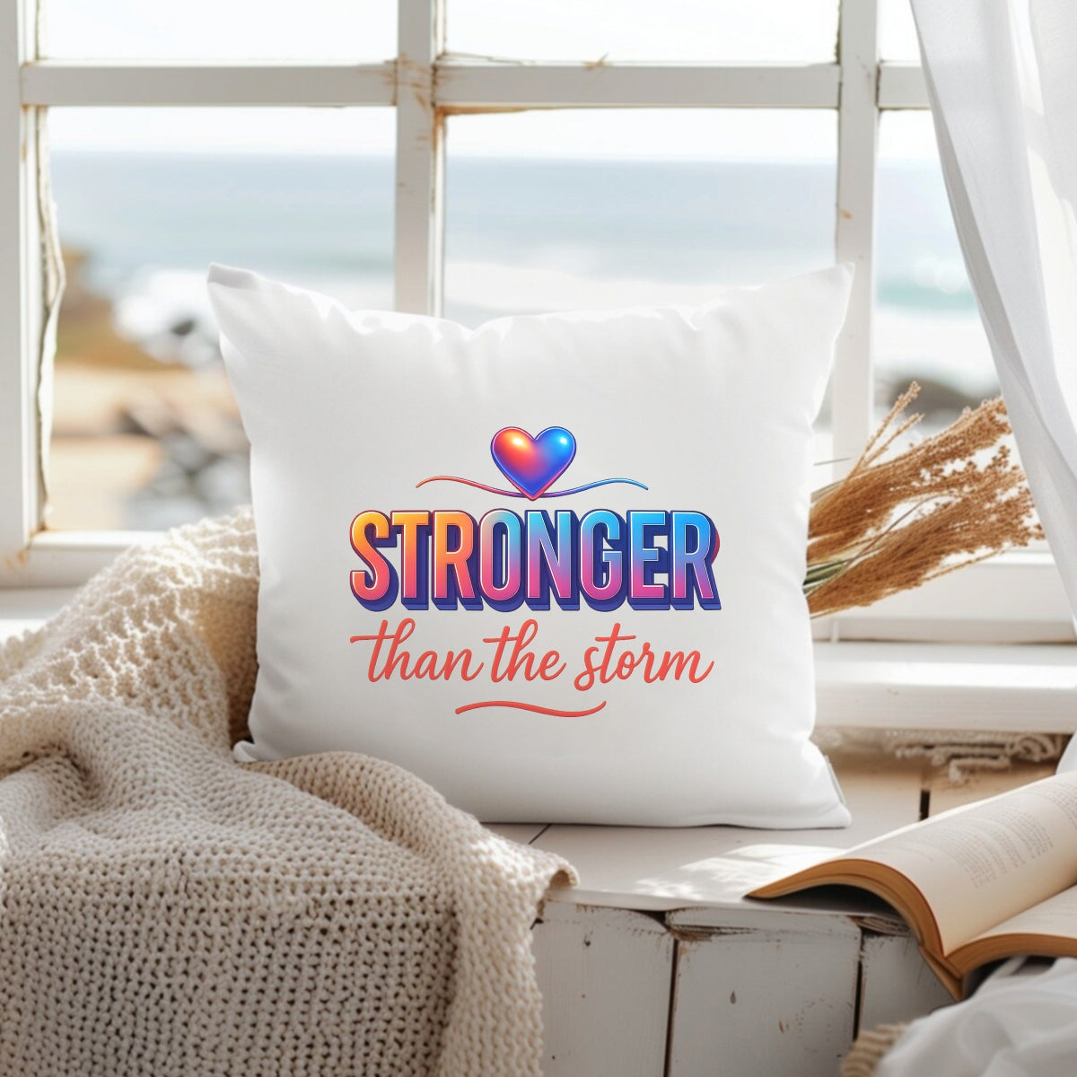 DTF Heat Transfer Iron On Sticker , Gradient Heart with "STRONGER than the Storm" Motivational Quote , Resilience-Themed Apparel Decal for T-Shirts, Hoodies
