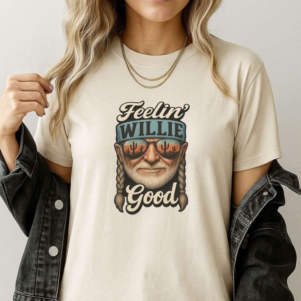 DTF Heat Transfer Iron On Sticker,Willie Nelson Portrait with Desert Sunset Cactus Reflection & "Feelin' Good" Country Lyrics,Vintage Western Music Merch for T-Shirts, Hoodies, Tote Bags