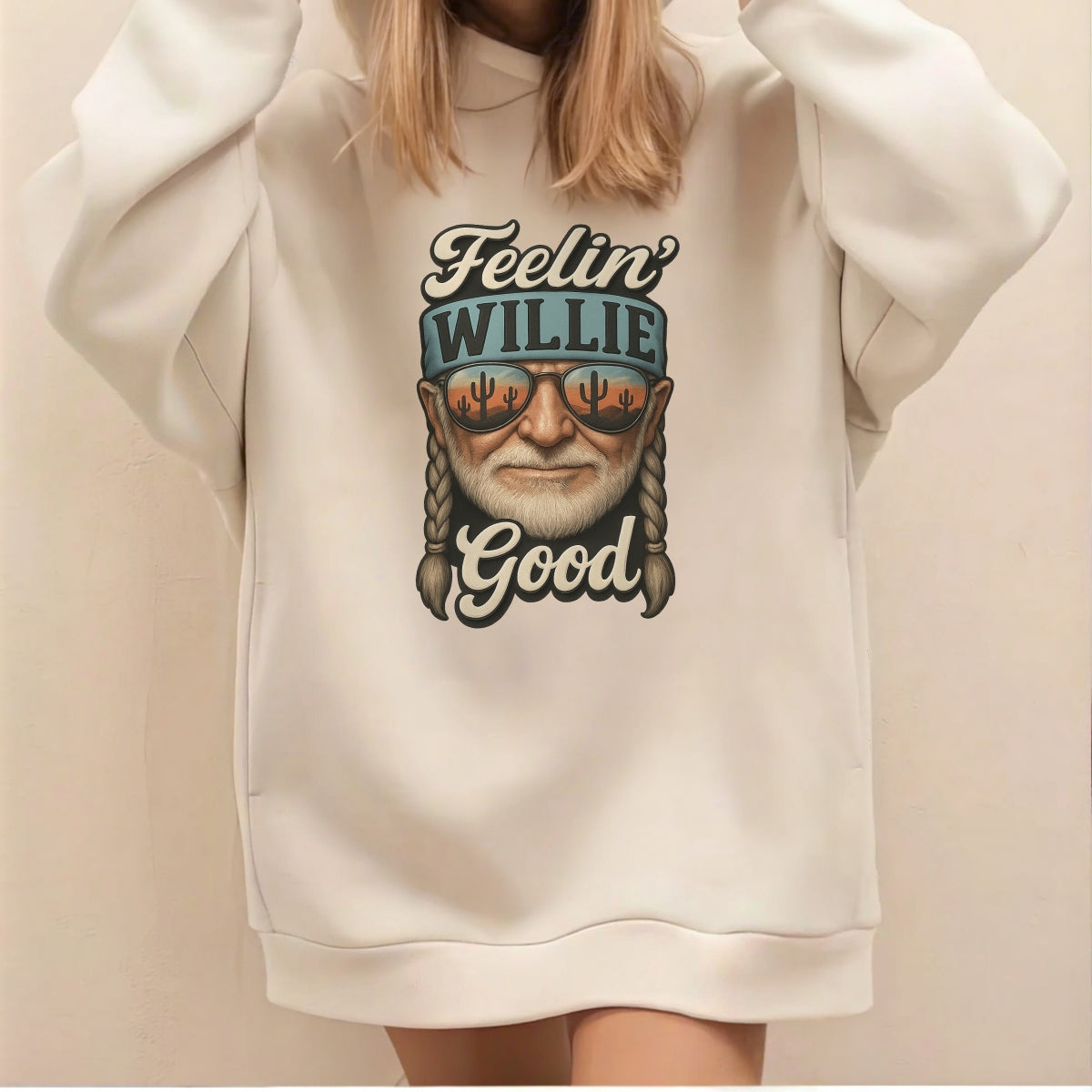 DTF Heat Transfer Iron On Sticker,Willie Nelson Portrait with Desert Sunset Cactus Reflection & "Feelin' Good" Country Lyrics,Vintage Western Music Merch for T-Shirts, Hoodies, Tote Bags