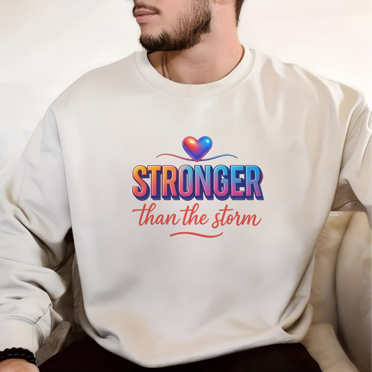 DTF Heat Transfer Iron On Sticker , Gradient Heart with "STRONGER than the Storm" Motivational Quote , Resilience-Themed Apparel Decal for T-Shirts, Hoodies