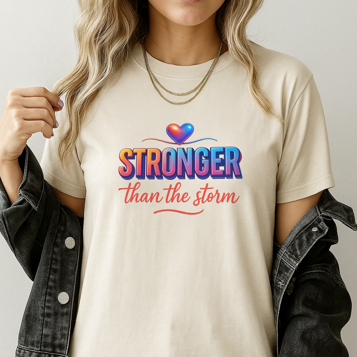 DTF Heat Transfer Iron On Sticker , Gradient Heart with "STRONGER than the Storm" Motivational Quote , Resilience-Themed Apparel Decal for T-Shirts, Hoodies
