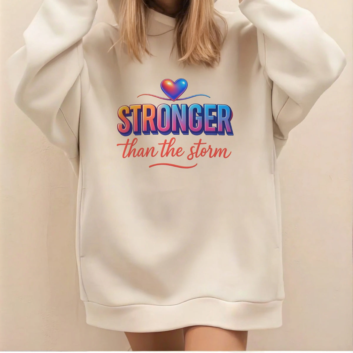 DTF Heat Transfer Iron On Sticker , Gradient Heart with "STRONGER than the Storm" Motivational Quote , Resilience-Themed Apparel Decal for T-Shirts, Hoodies