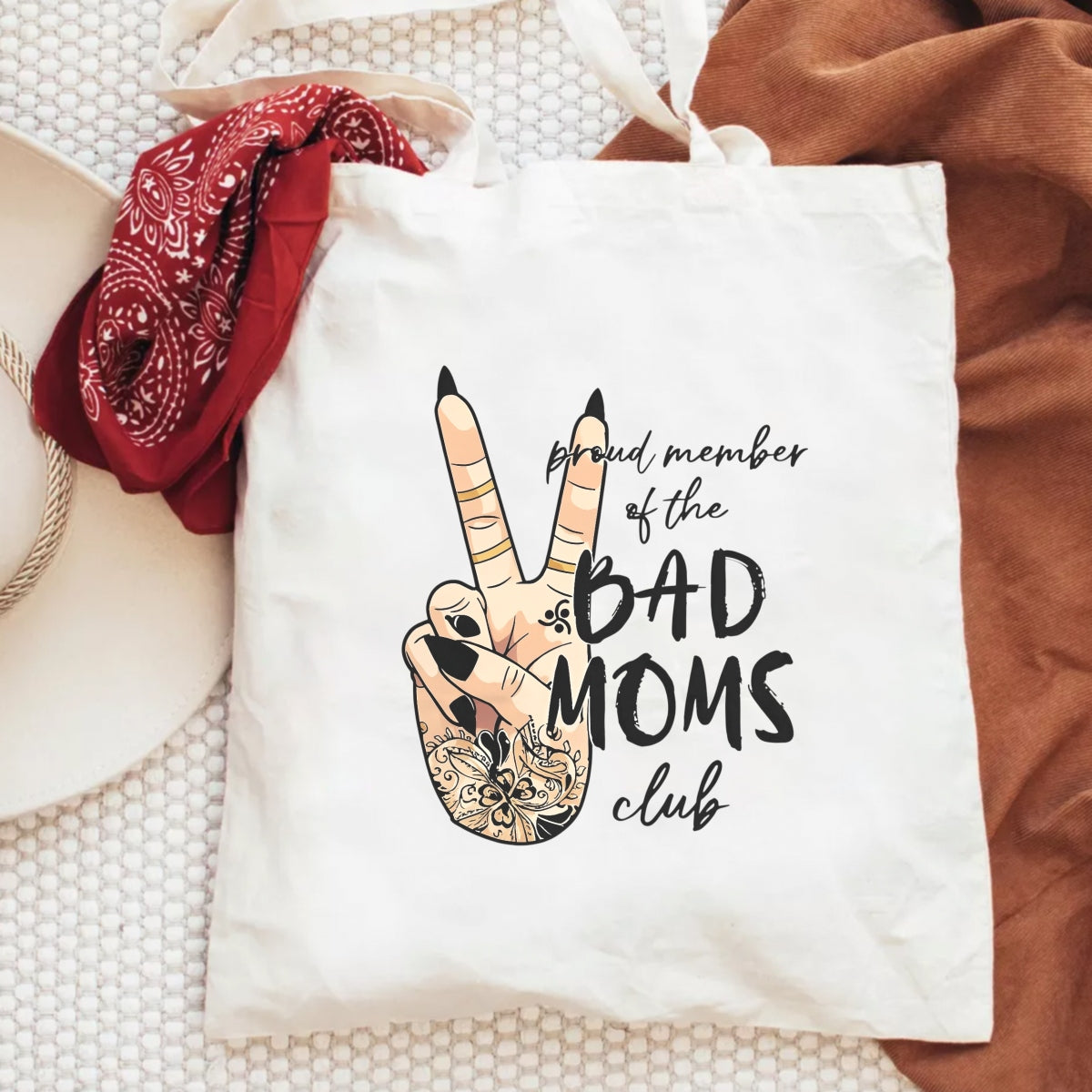 Bad Moms Club Peace Sign DTF Iron-On Decal , Floral Tattoo Mom Life Sticker | Black and Tan Gold Accents Design for Apparel