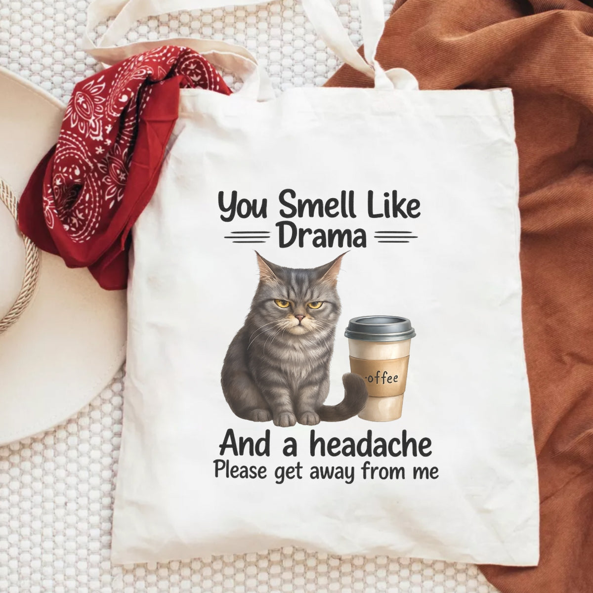 Cat DTF Transfer for T-Shirts , Funny Coffee Quote Iron-On Patch , You Smell Like Drama and a Headache , Heat Press Ready, DIY Shirt Decal for Women, Cat Lovers, Sarcastic Gift Idea