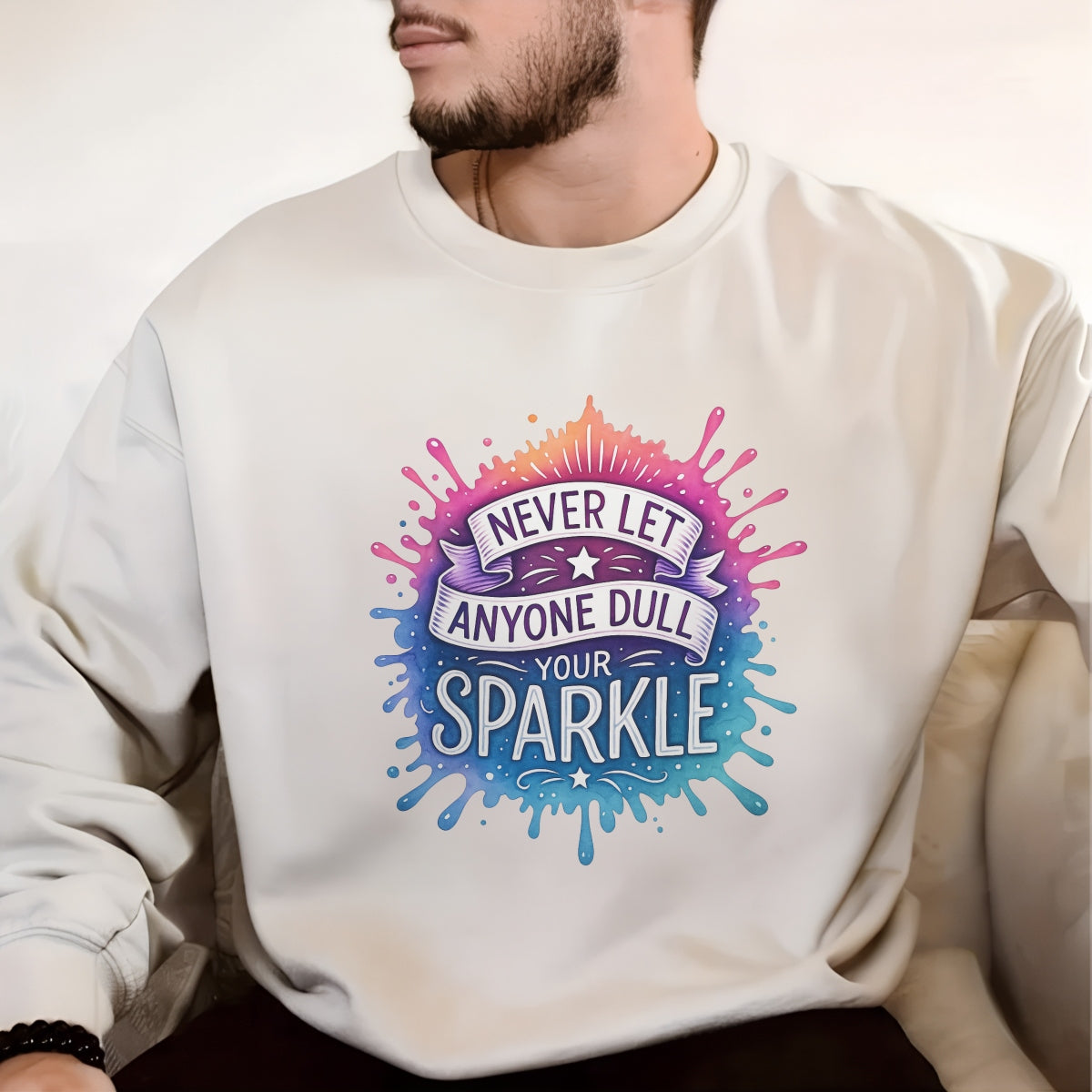 Never Let Anyone Dull Your Sparkle” DTF Transfer , Inspirational Quote Iron-On Patch for T-Shirts, Hoodies, Totes , Vibrant Glitter Effect Heat Press Decal for DIY Clothing