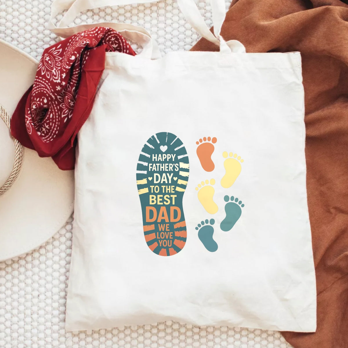 DTF Heat Transfer Iron On Sticker ,  Father's Day Footprint Design with Family Celebration ,   Multi-Color Footprints Symbolizing Family Unity ,  Heartfelt Apparel Decal for T-Shirts, Hoodies