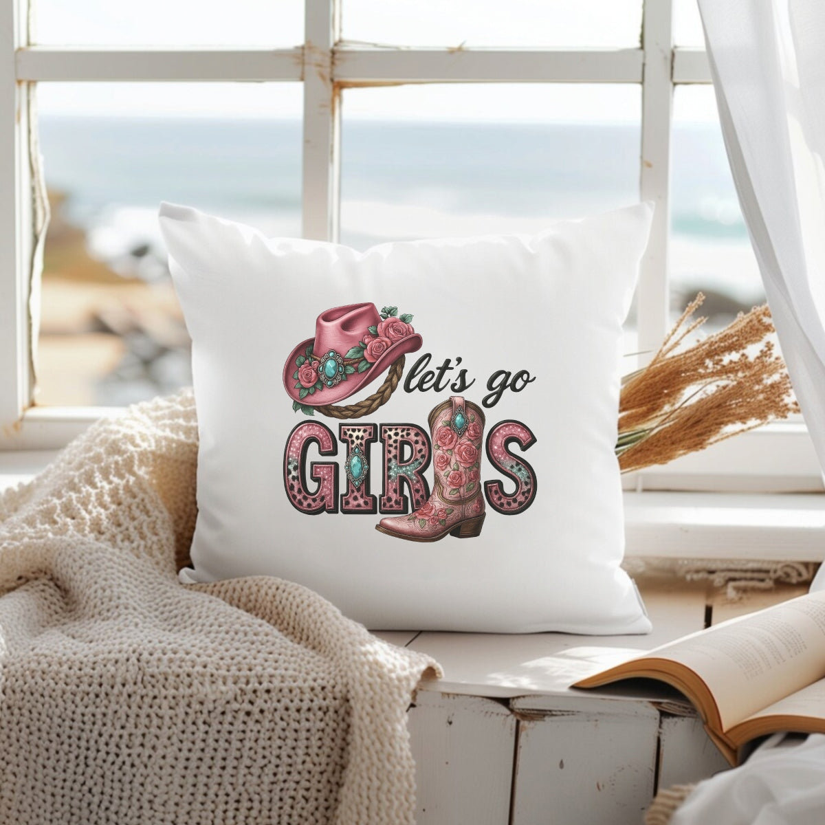 Let’s Go Girls Western DTF Transfer , Pink Cowgirl Hat and Boot Heat Press Iron-On for T-Shirts, Country Rodeo Style, Glitter Vinyl Look