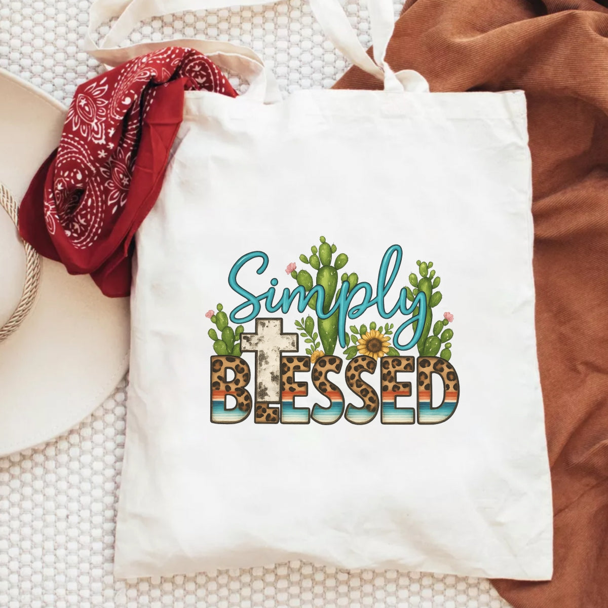 DTF Heat Transfer Iron On Sticker ,  "Simply Blessed" Cactus and Sunflower Design with Leopard Print BLESSED Text and Desert Stripes Cross ,  Western and Spiritual Themed Decal for Clothing, Tote Bags