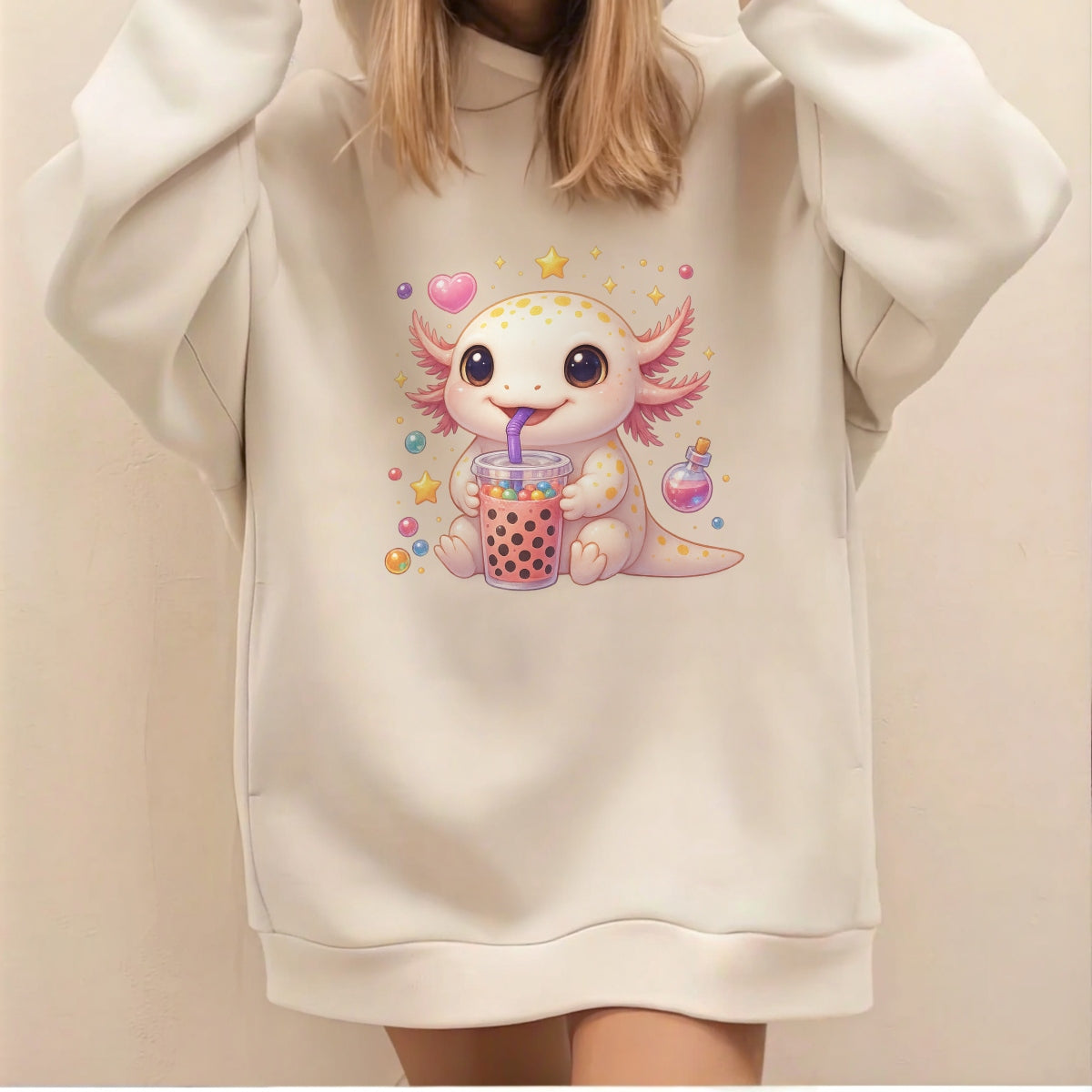 Cute Axolotl Boba Tea DTF Transfer, Kawaii Bubble Tea Iron-On Patch for T-Shirts, Hoodies, Totes,Heat Press Vinyl for DIY Clothing | Anime Style Animal Sticker Decal