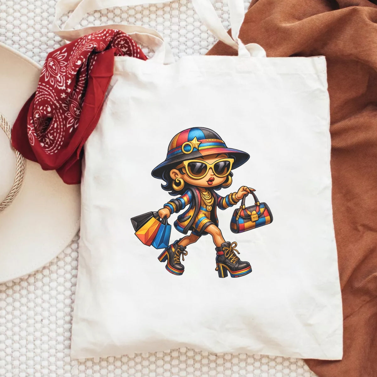 DTF Heat Transfer Iron On Sticker, Cartoon Lady with Striped Jacket & Gold Star Hat, Rainbow High-Heel Boots & Shopping Bags Design, Bold Fashion Decal for Clothing, Tote Bags