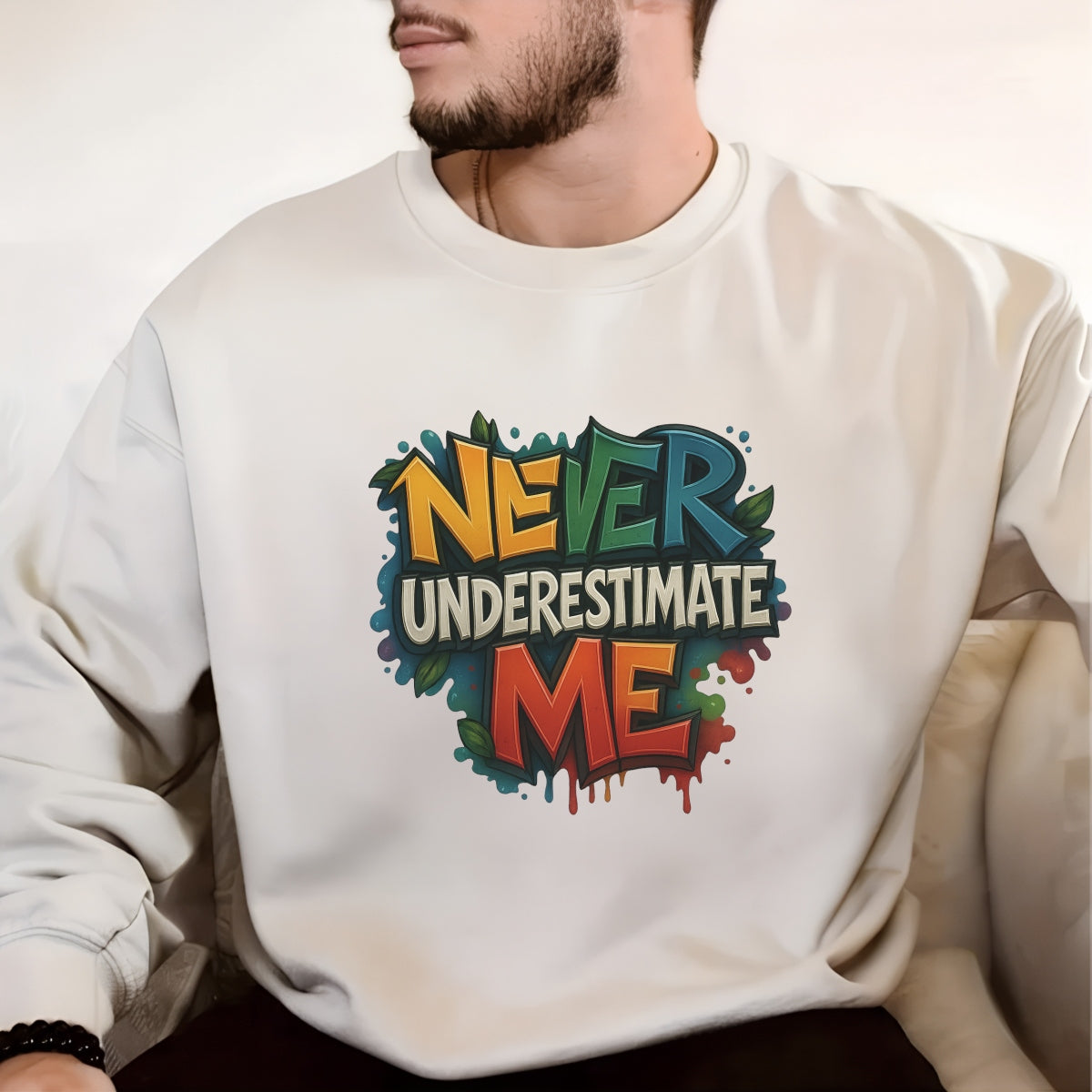Never Underestimate Me" Graffiti DTF Transfer , Bold Street Style Iron-On Heat Press Decal for DIY T-Shirts,  Hoodies, Bags ,3D Look,  Vibrant Colors,  Motivational Quote Patch