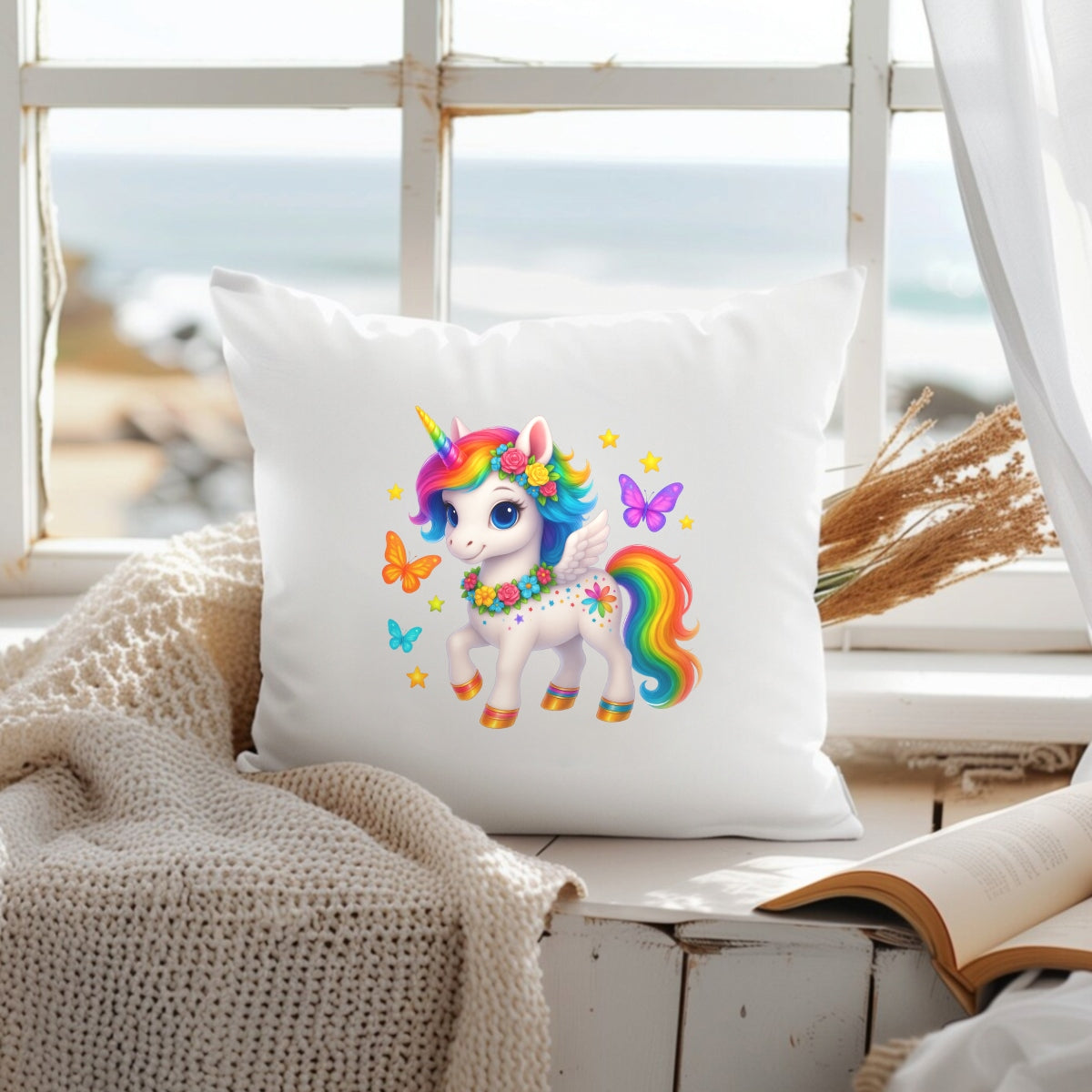 DTF Heat Transfer Iron On Sticker,Rainbow Unicorn with Wings, Flowers, and Stars Design for DIY Shirt, Fantasy Lover Gift, Magical Aesthetic Apparel Decoration