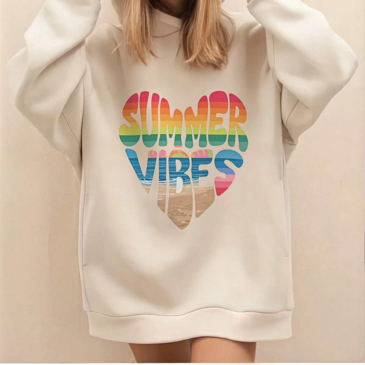 Summer Vibes DTF Iron-On Transfer ,  Rainbow Gradient Heart Design with Beach Scene ,  'SUMMER VIBES' Text Sticker for T-Shirts, Hoodies, Tote Bags