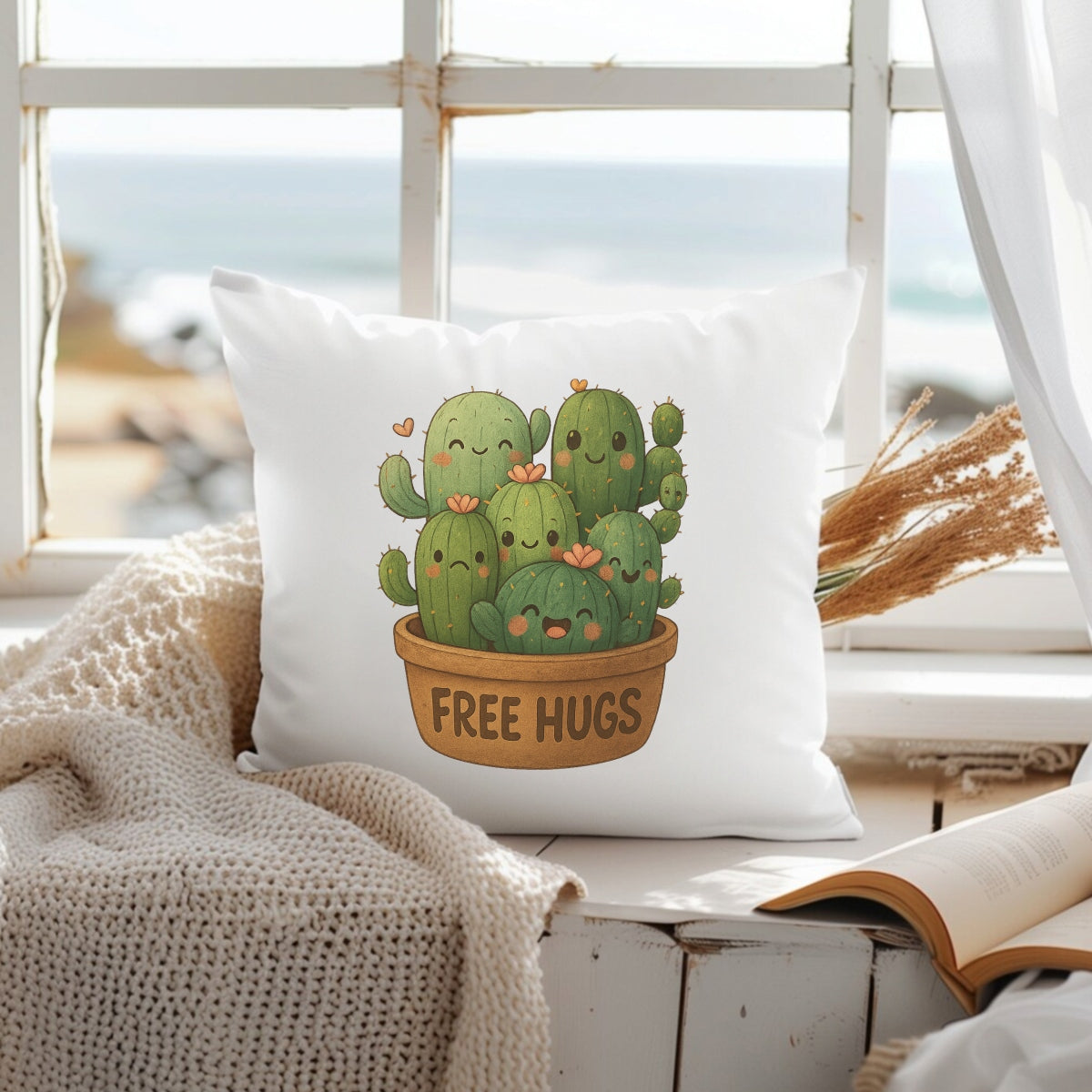 Cute Cactus "Free Hugs" Iron-On Transfer,Funny DTF Heat Transfer Patch for T-Shirts, Tote Bags, Hoodies