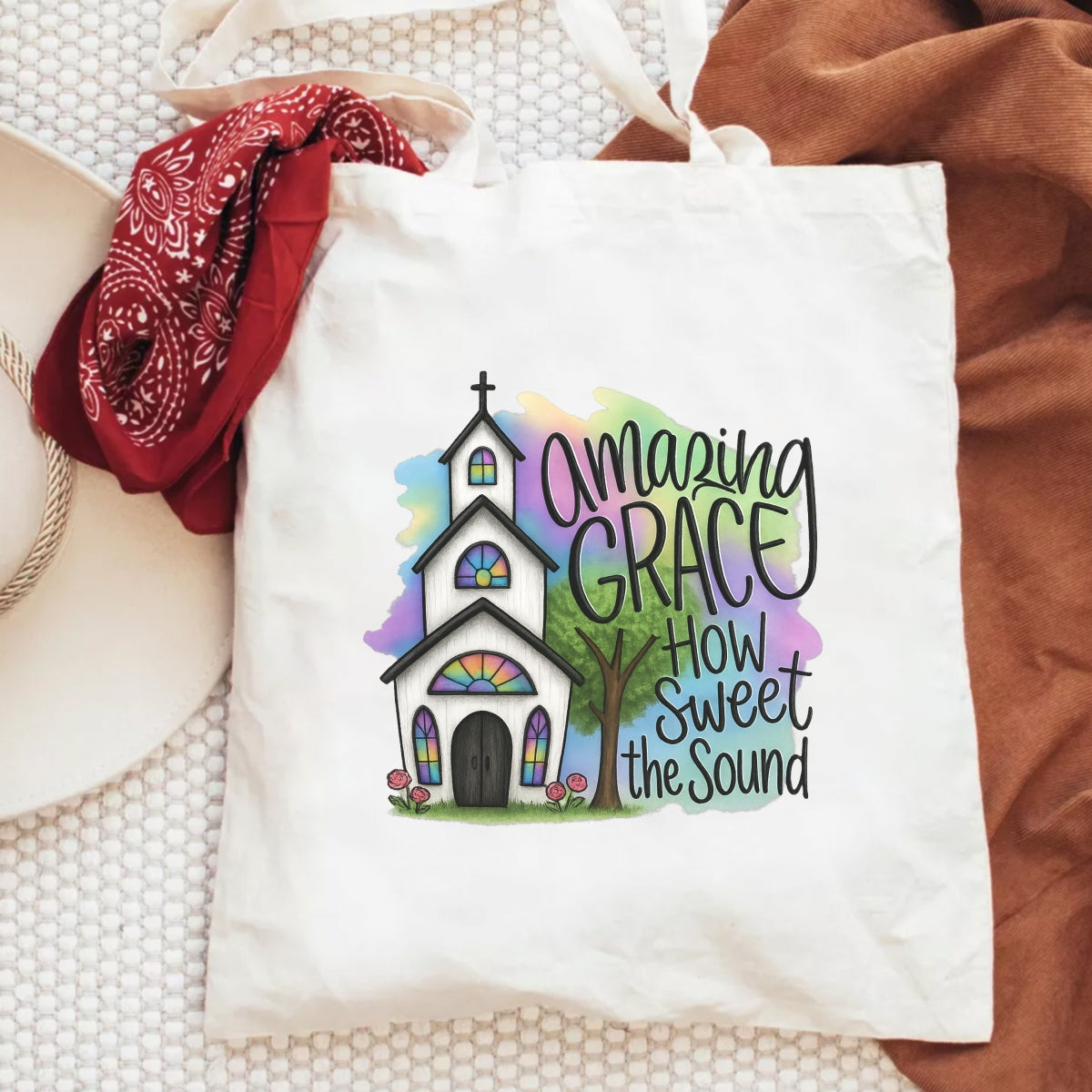 DTF Heat Transfer Iron On Sticker , Gothic Church with Stained Glass and "Amazing Grace" Quote ,  Pink Roses and Green Tree on Pastel Watercolor Background , Inspirational Christian Merch for T-Shirts, Hoodies, Tote Bags