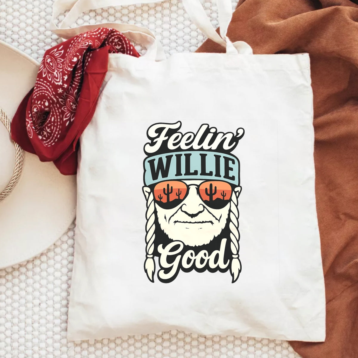 DTF Heat Transfer Iron On Sticker,Willie Nelson Portrait with Desert Sunset Cactus Reflection & "Feelin' Good" Country Lyrics,Vintage Western Music Merch for T-Shirts, Hoodies, Tote Bags