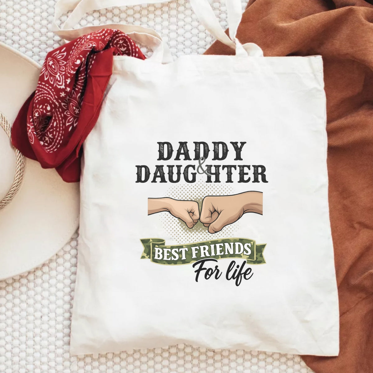DTF Heat Transfer Iron On Sticker , "DADDY and DAUGHTER" Fist Bump Friendship Design , Vintage Polka Dot Background with Camouflage Ribbon and Military-Inspired Aesthetic ,  Family Bonding Apparel Decal for T-Shirts, Hoodies, Tote Bags