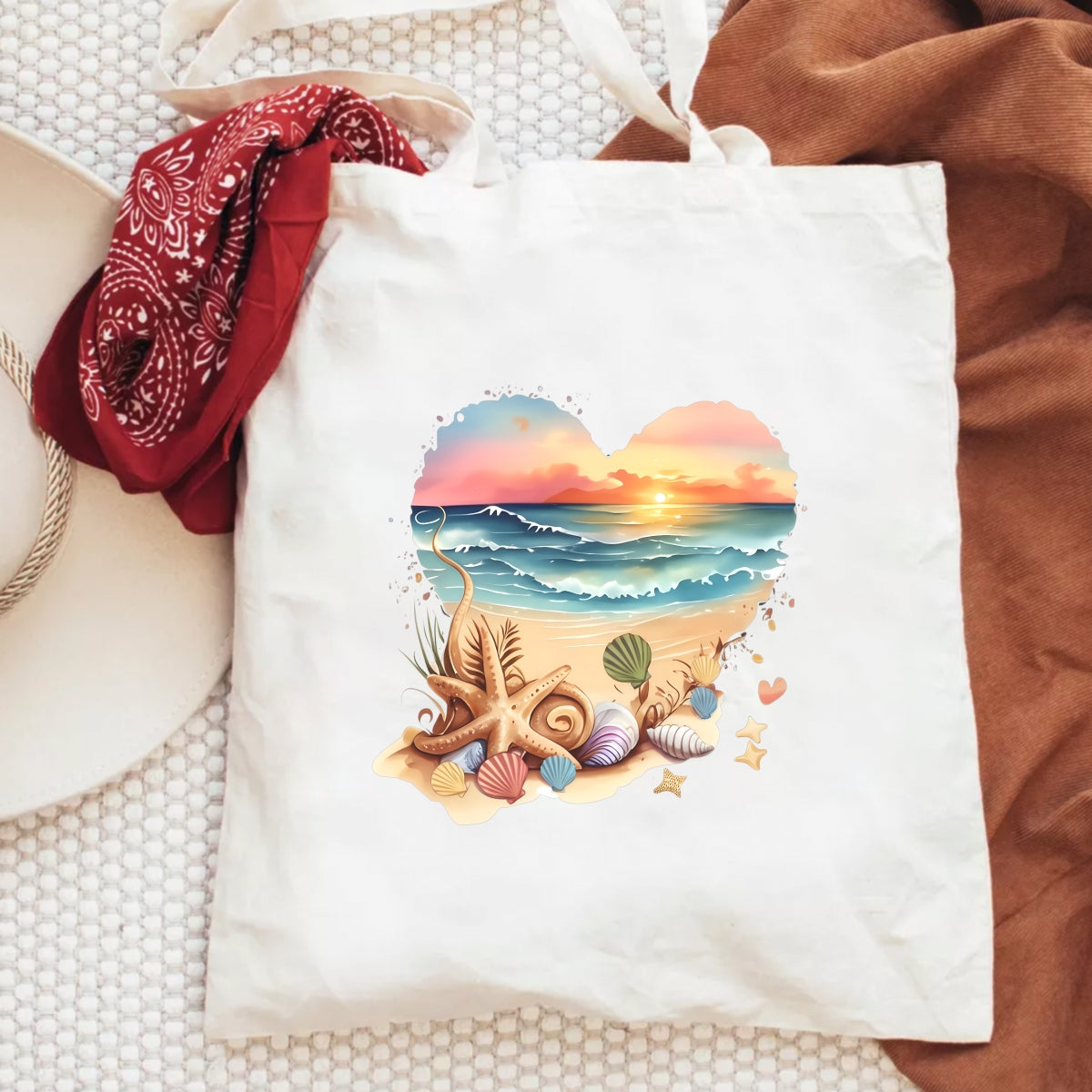 DTF Heat Transfer Iron On Sticker ,  Heart-Shaped Beach Sunset Scene with Seashells and Starfish , Tropical Vacation Merch for Clothing, Tote Bags