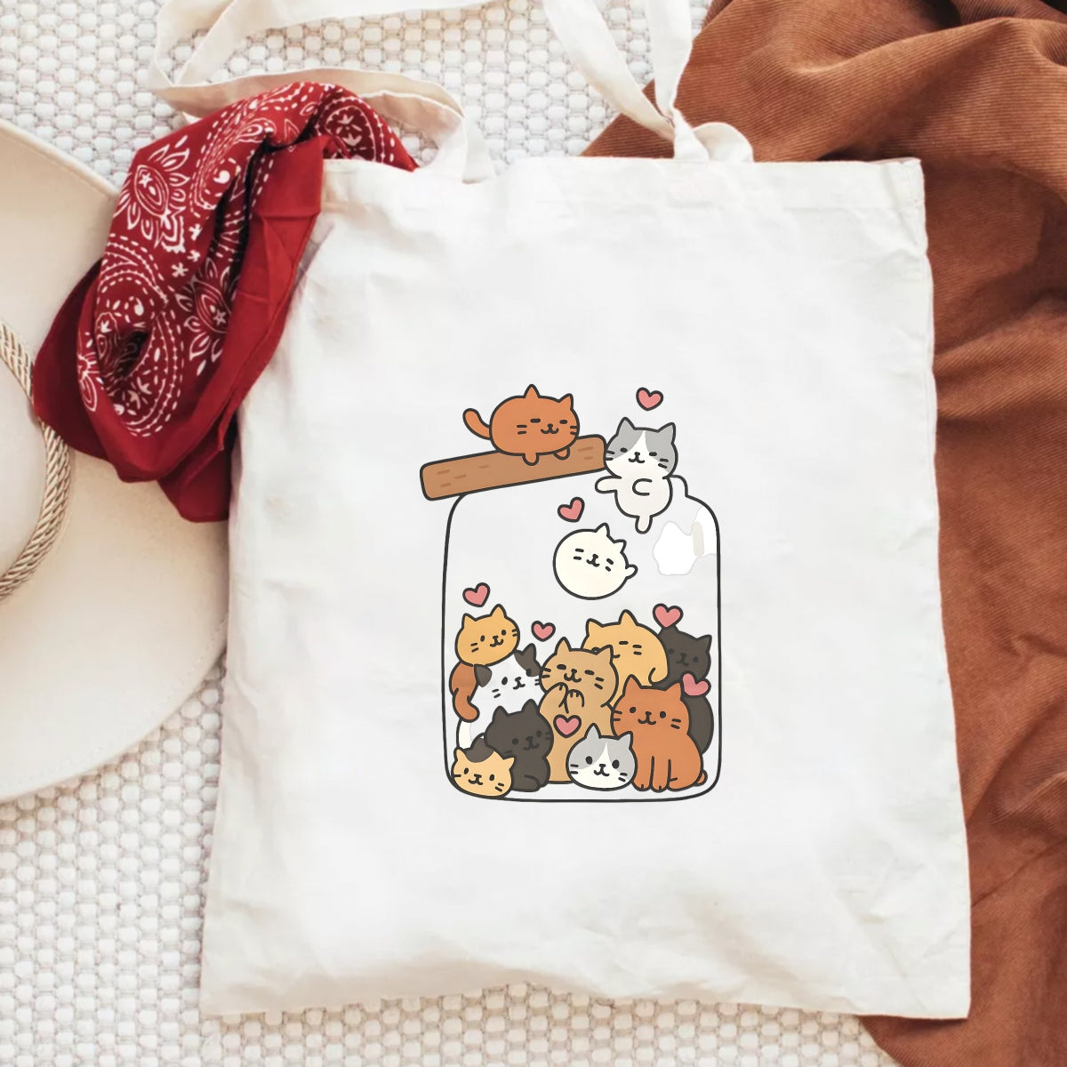 DTF Heat Transfer sticker: "Heartwarming Feline Harmony" – cute pastel cats, jar, pink hearts. Easy to apply