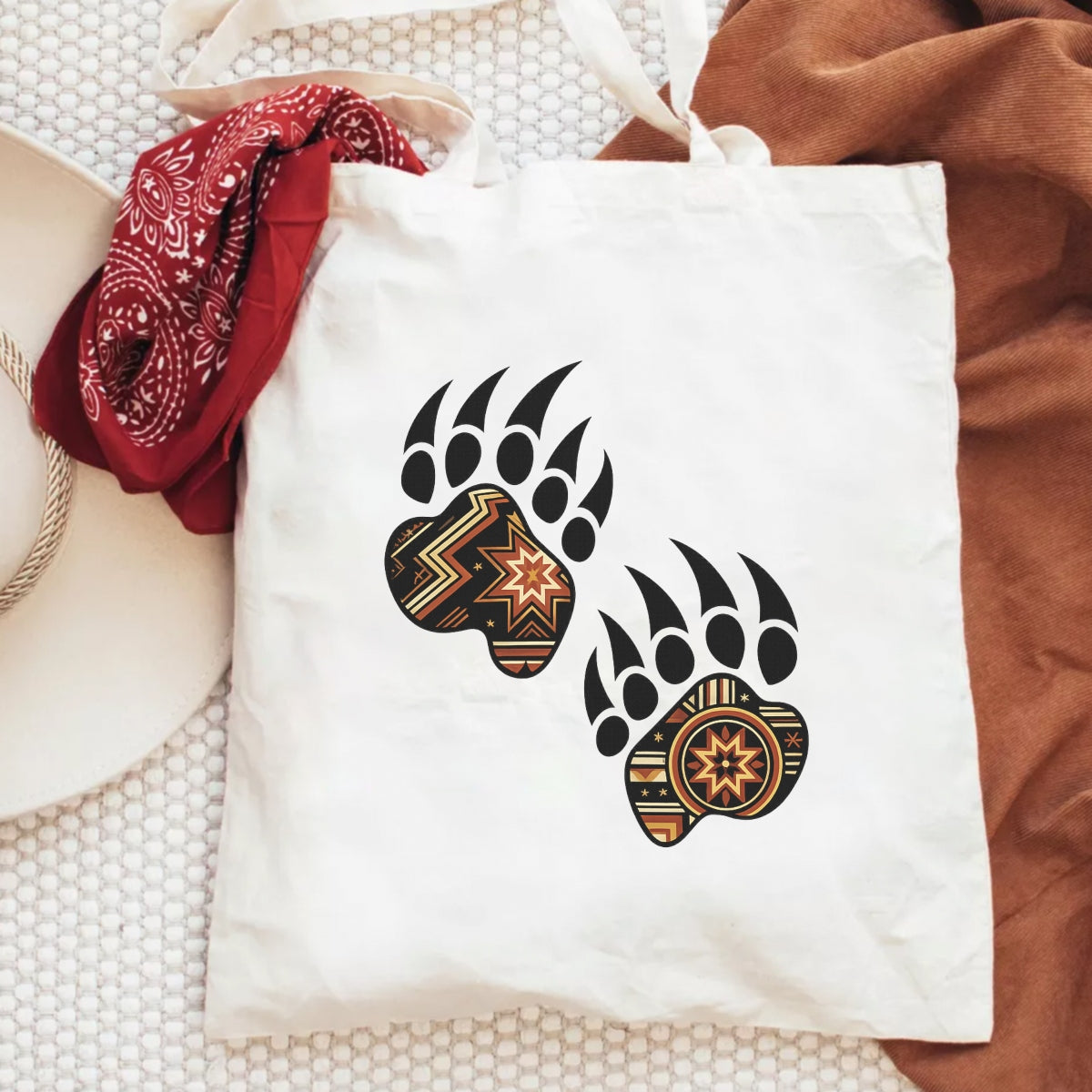 DTF Heat Transfer Iron On Sticker , Bear Paw Print, Tribal Ethnic Style, Geometric Star Patterns, for Clothing Jeans T-Shirt Boots Hat Bag Backpack