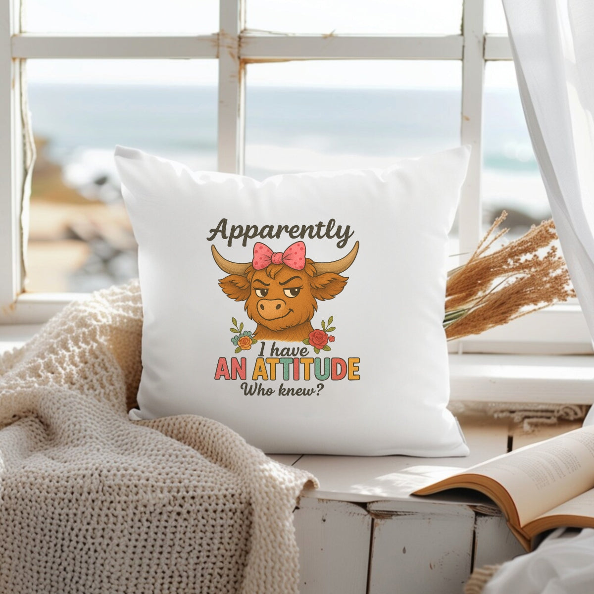 DTF Funny Highland Cow Iron-On Transfer “Apparently I Have an Attitude” Heat Press Decal, Sassy Cow with Bow, Full-Color DTF Print for DIY T-Shirts, Bags