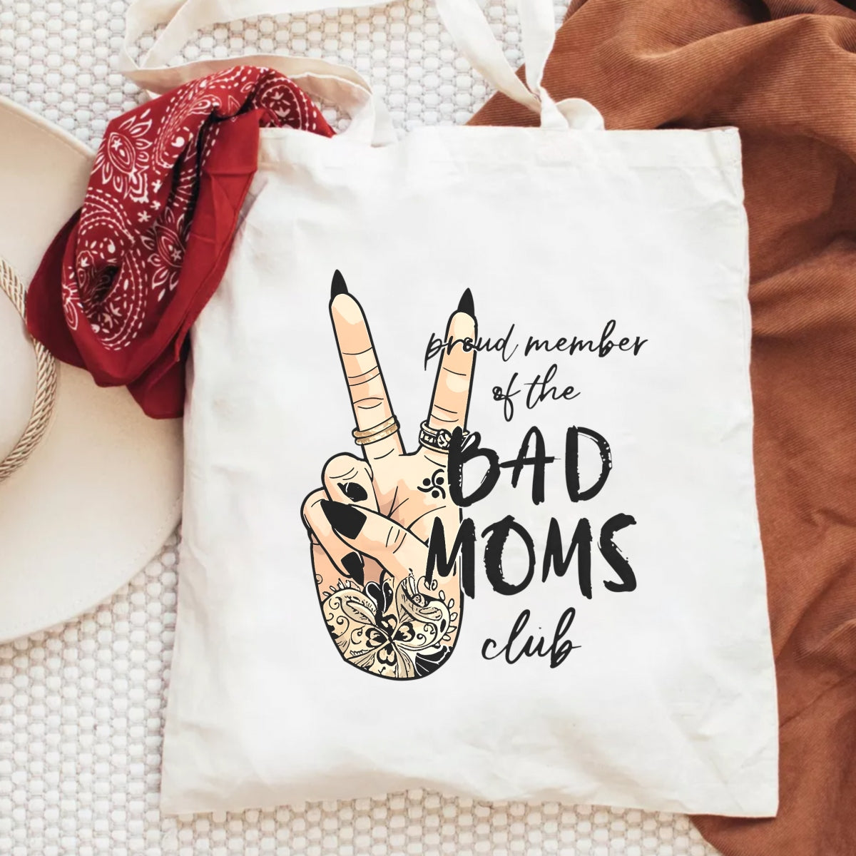 DTF Heat Transfer Iron On Sticker, "Bad Moms Club" Hand Gesture Art with Henna Floral Patterns & Peace Sign,Empowerment Slogan Sticker for Clothing, Tote Bags
