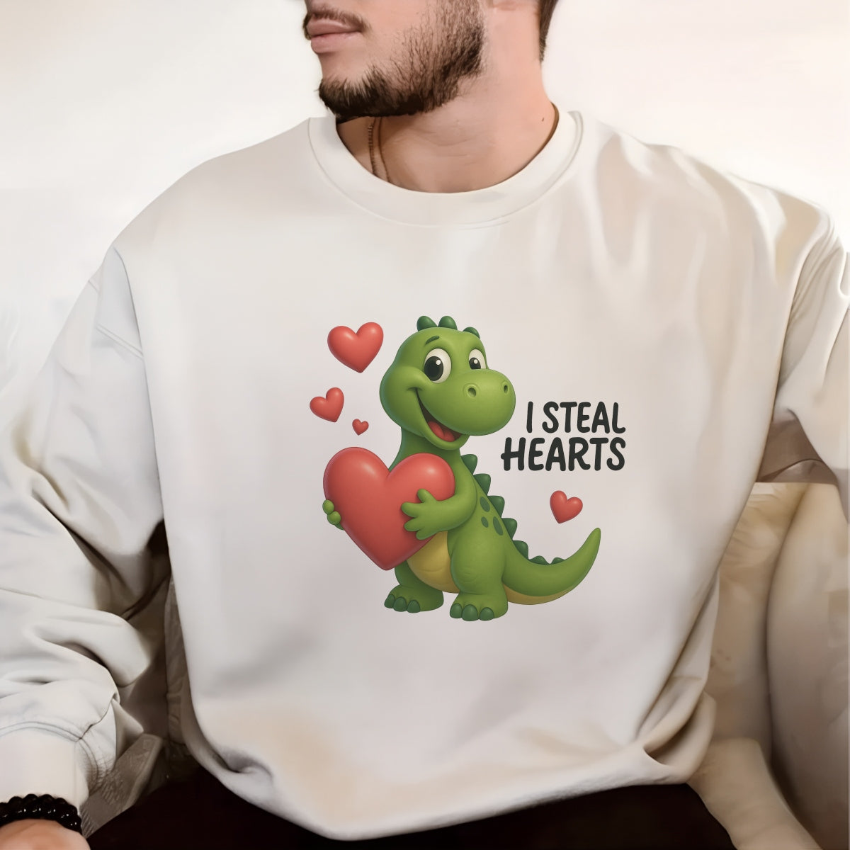 Cute Dinosaur Heat Transfer Patch ,  Steal Hearts Iron-On Decal for T-Shirts, Bags, Funny Valentine DIY Design