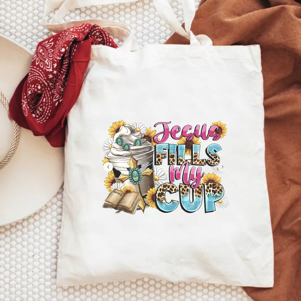 DTF Heat Transfer Iron On Sticker , Floral Bible Cross with "Jesus FILLS My CUP" Verse , Christian Faith Decor Sticker for Clothing, Tote Bags